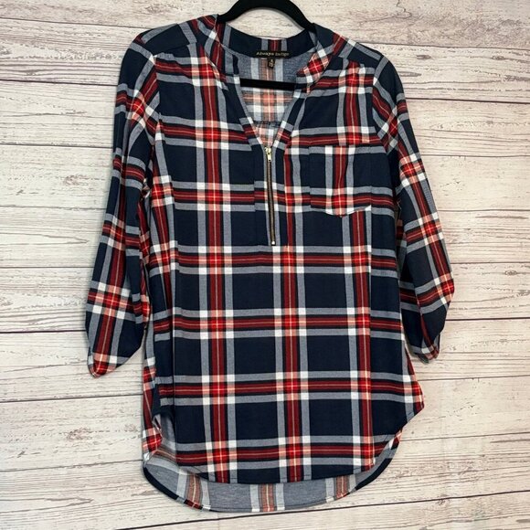 Always Indigo Half Zip Plaid Blouse XL - Picture 2 of 10